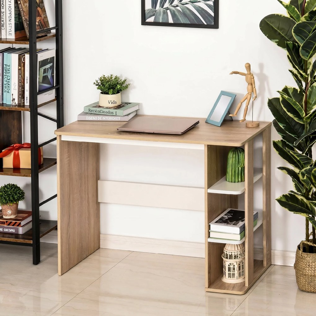 HOMCOM Birou Modern pentru Computer cu Raft cu 3 Etajere, Birou Modern din Lemn, 100x44x74 cm, Natural | Aosom Romania
