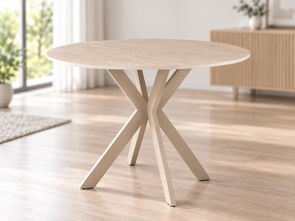 Masa rotunda de sufragerie TALIA 90 cm cu blat din ceramică tip travertin, bej