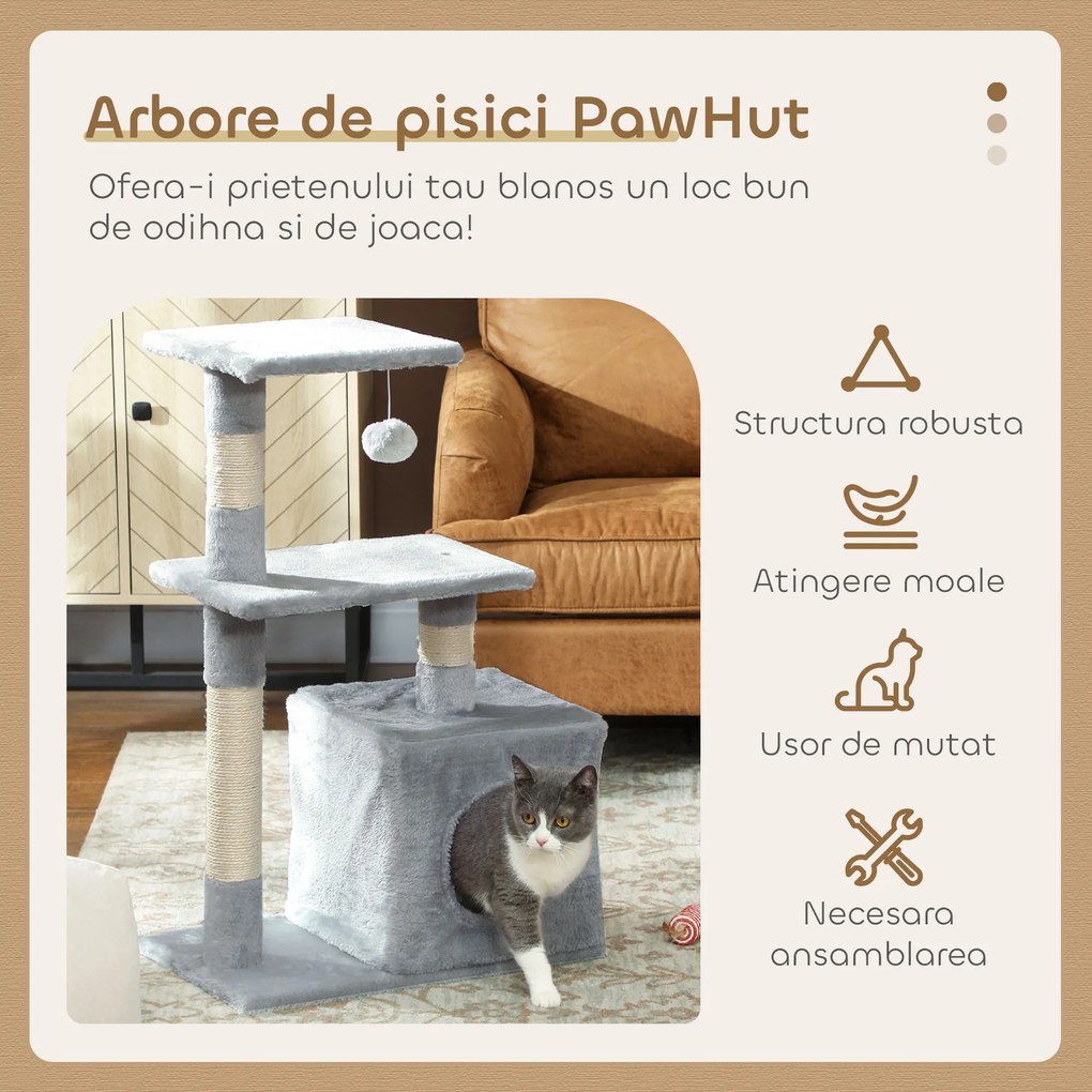 PawHut Șevalet de Zgâriat pentru Pisici cu Căsuță, 2 Platforme și Minge Gri | Aosom Romania