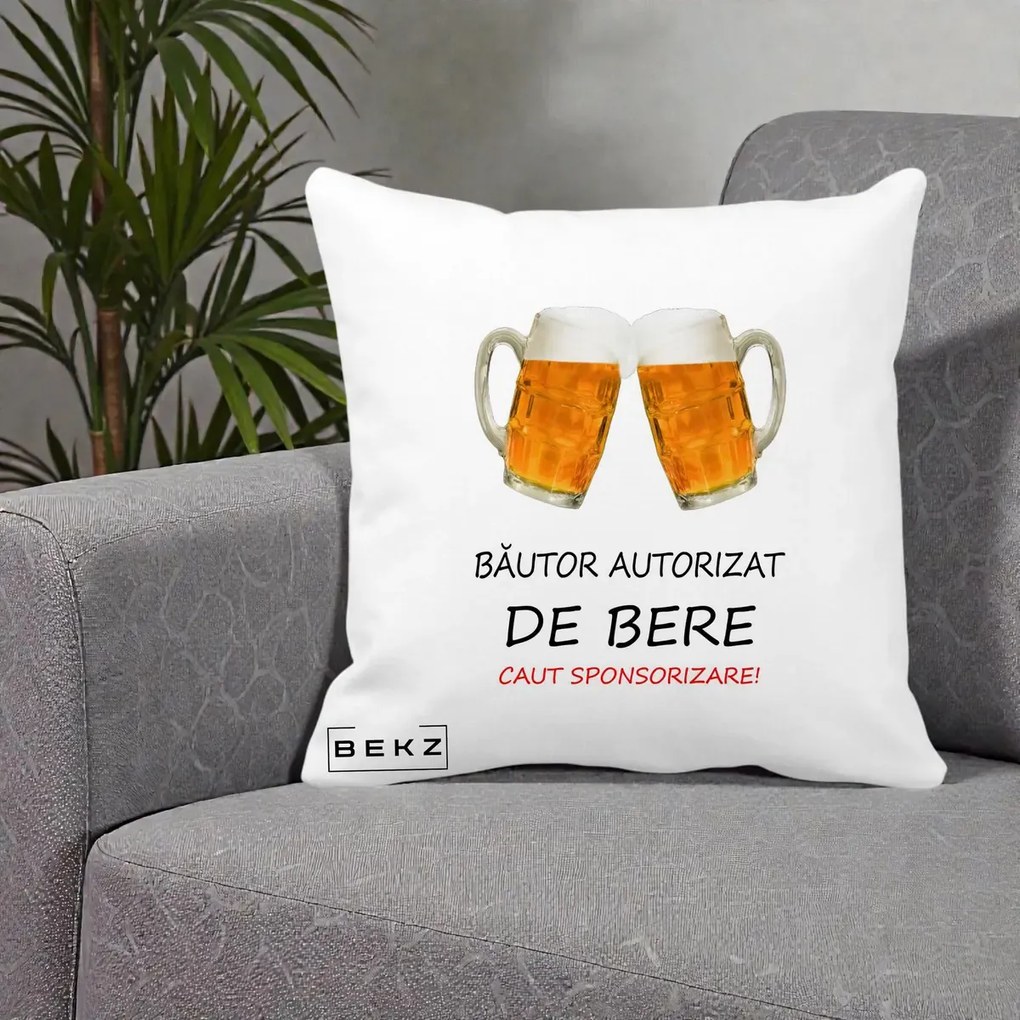Perna Decorativa Bautor Autorizat de Bere, 40x40 cm, Alba Mata, Husa Detasabila, Perna Inclusa, BEKZ®