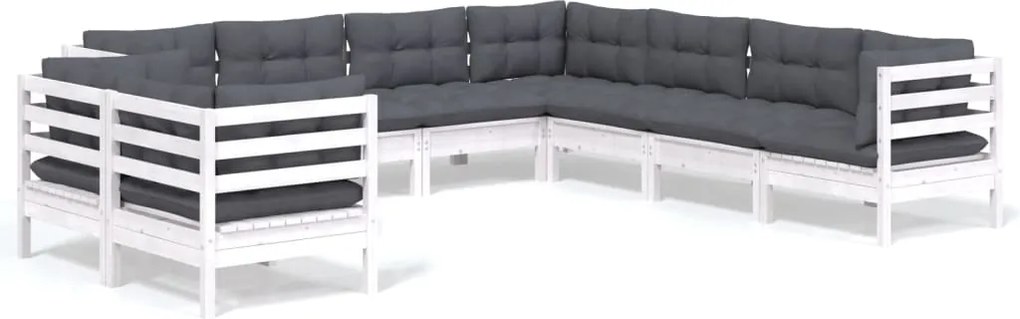 vidaXL Set mobilier de grădină cu perne, 9 piese, alb, lemn masiv pin