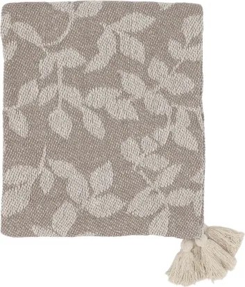 Pled țesut din bumbac și fibre reciclate, latte și crem, cu model de frunze și ciucuri, 150 x 130 cm, „Aix”