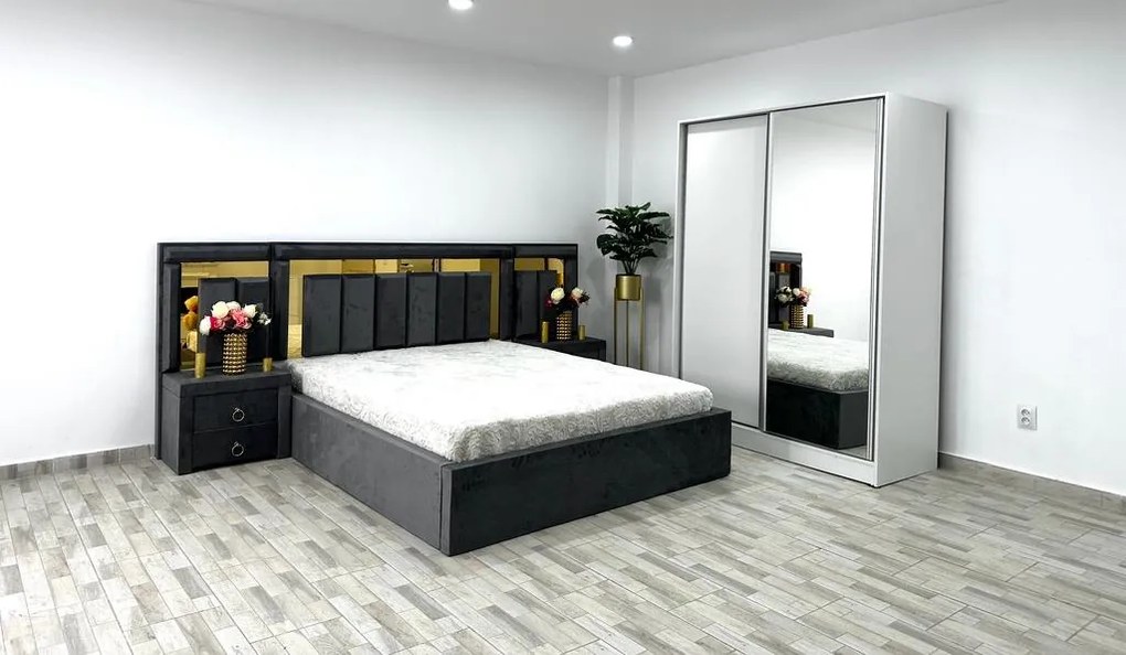 Dormitor Napoli, culoare gri / alb, cu pat Napoli 160 x 200 cm, dressing Erika 150 cm si 2 noptiere Napoli