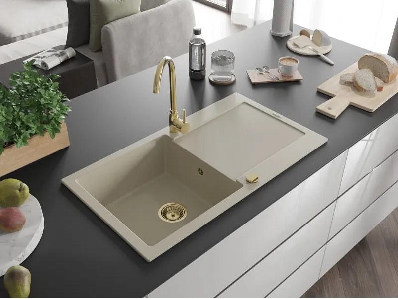 Mexen Leo chiuvetă de bucătărie din granit cu 1 compartiment și scurgător 900 x 500 mm, bej, sifon auriu - 6501901010-69-G