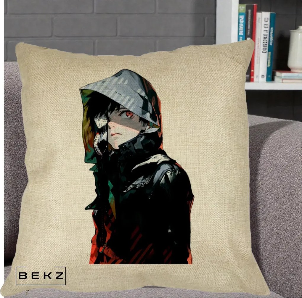 Perna Personalizata Tokyo Ghoul Ken Kaneki cu Masca si Gluga, 40x40 cm, Crem, Husa Detasabila, Perna Inclusa, BEKZ®