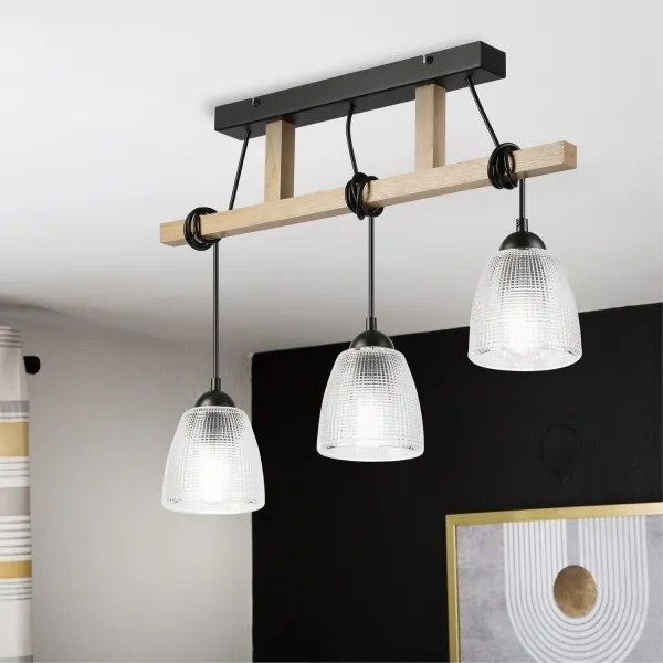 Lustră suspendată cu cablu LEANDRA, 3xE27/15W/230V, stejar/negru