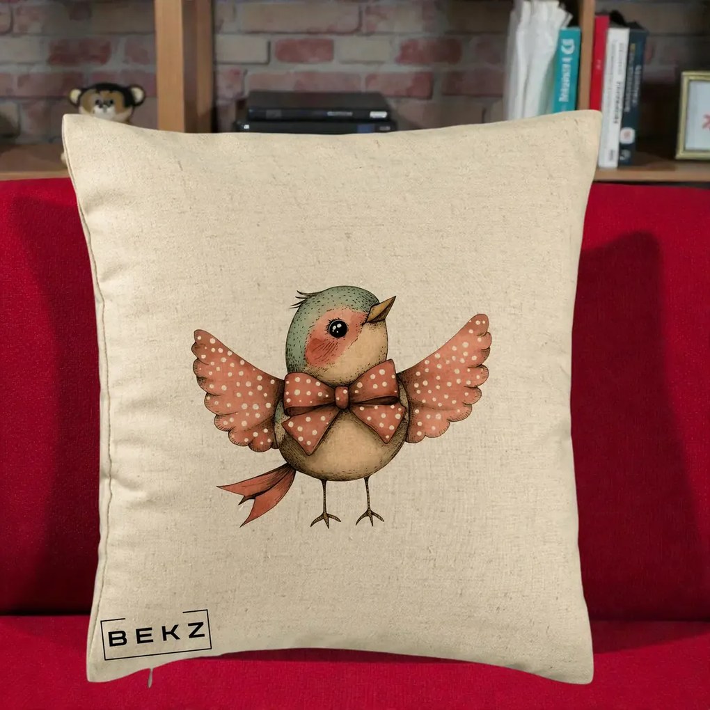 Perna Decorativa Pasare Roz cu Aripi si Fundita, 40x40 cm, Bej, Husa Detasabila, Perna Inclusa, BEKZ®