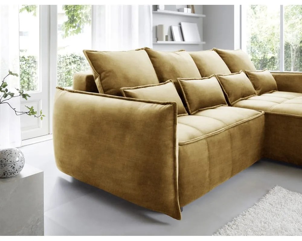 Colțar galben extensibil/cu spațiu de depozitare cu tapițerie din catifea (cu colț pe partea dreaptă/cu șezlong) Campo – ELTAP