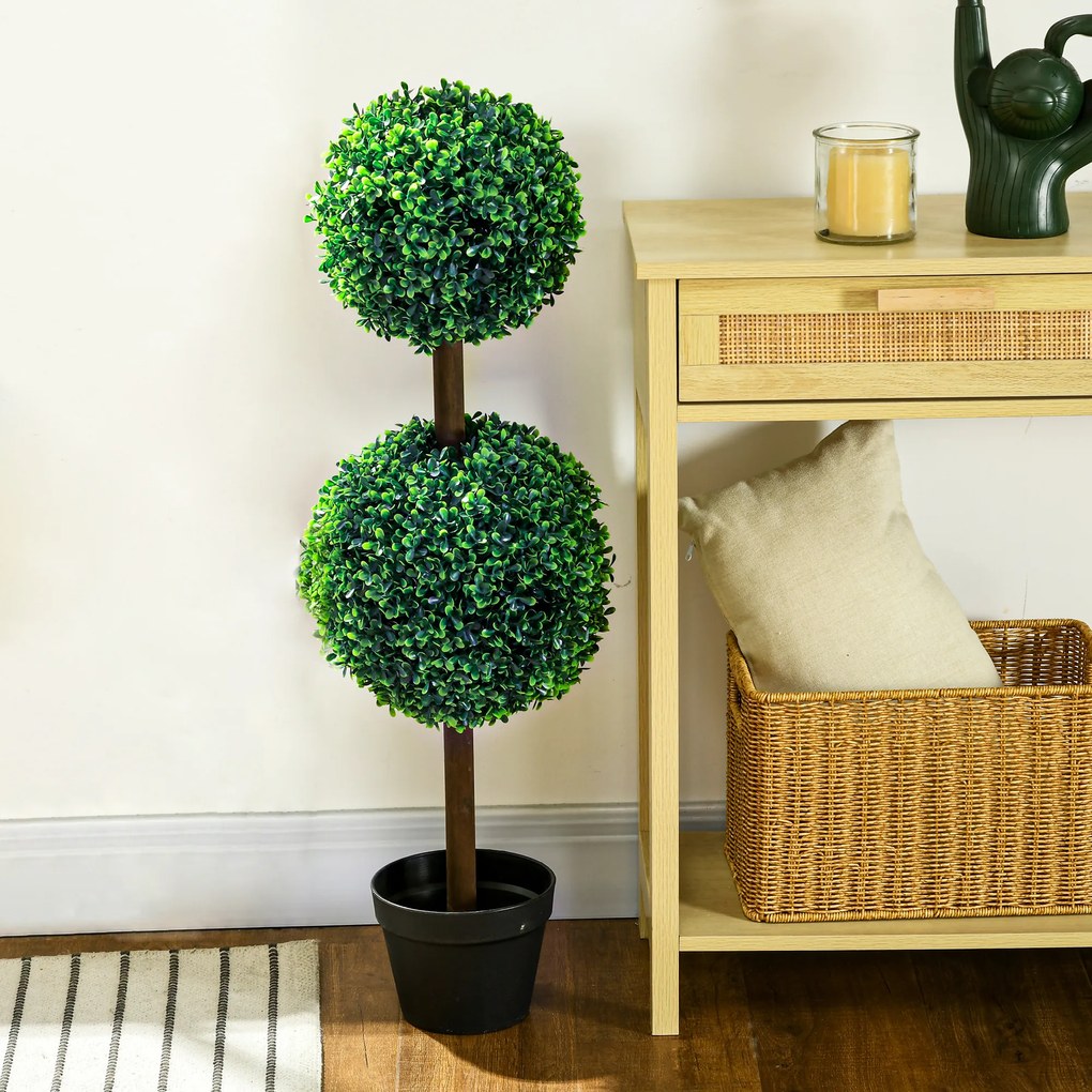 HOMCOM Set de 2 arbori buxus artificial cu dublă mingi cu trunchi și ghiveci inclus - înălțime 90 cm verde | Aosom Romania