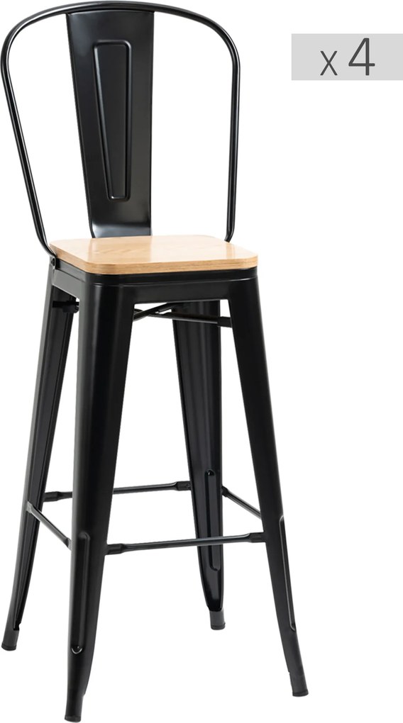 HOMCOM, Set de 4 taburete de bar, stil industrial, cu spătar, suport pentru picioare, înălțime 76 cm, Negru | Aosom Romania