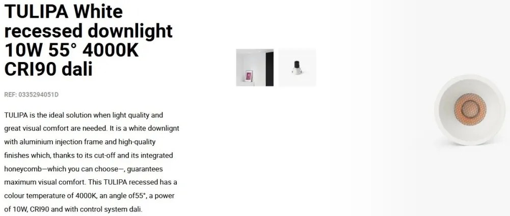 Spot LED incastrabil TULIPA White recessed downlight 10W 55° 4000K CRI90 dali