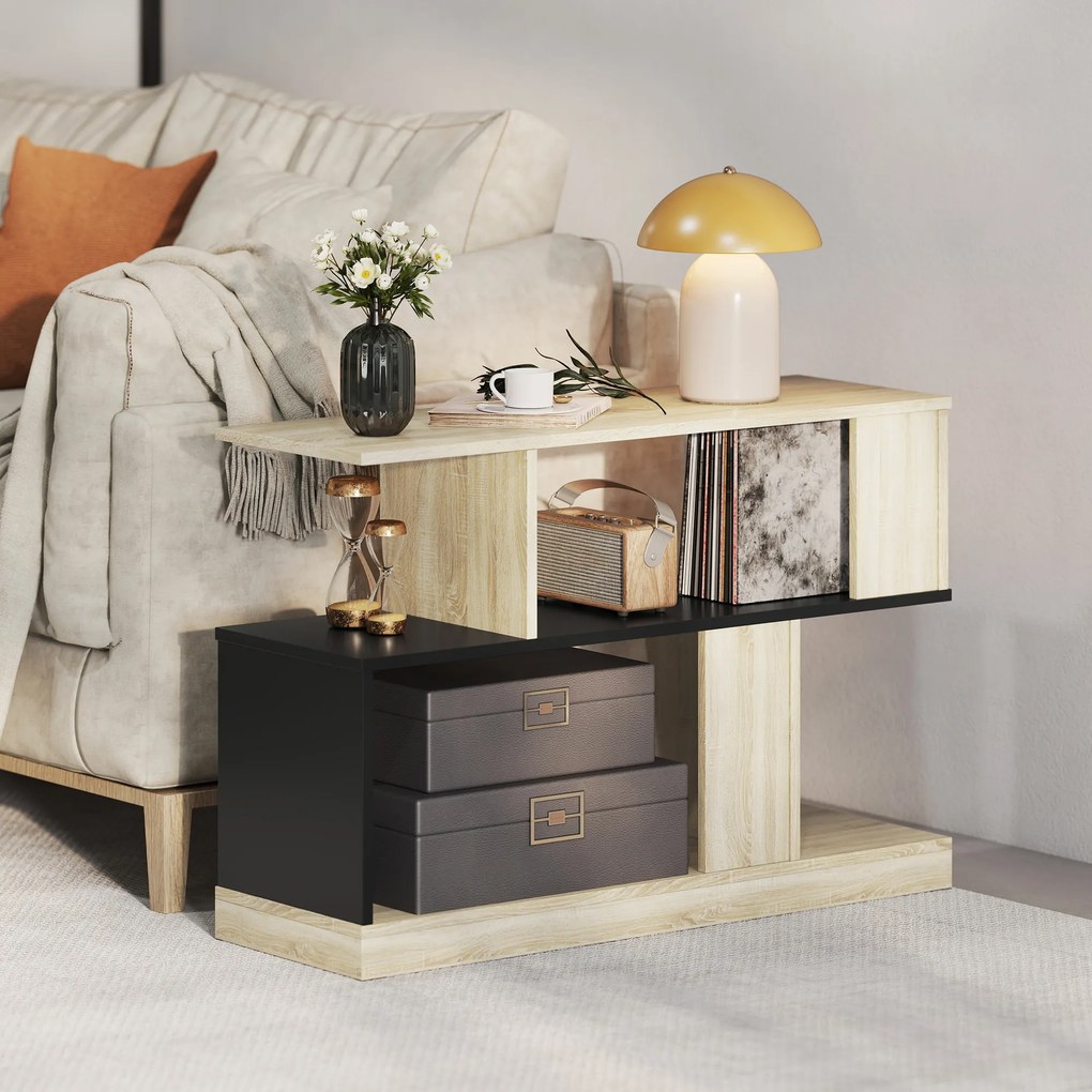 HOMCOM Măsuță laterală în formă de S, măsuță de canapea cu 3 niveluri și rafturi de depozitare, 90 x 30 x 61 cm, efect lemn natural negru | Aosom Romania