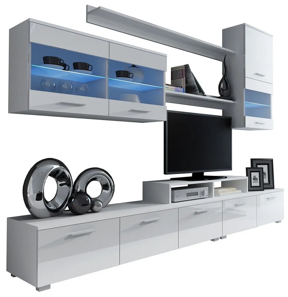 Set camera de zi Charlotte 105Alb lucios, Alb, Părți separate, Cu comodă TV, MDF, PAL laminat, Sticlă, 300x42cm, 94 kg