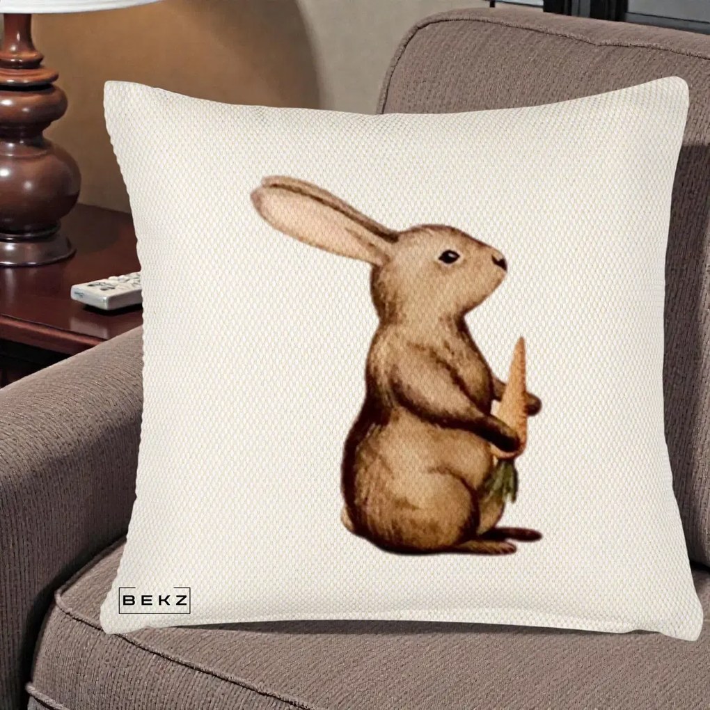 Perna Decorativa Iepuras Acuarela cu Morcov, 40x40 cm, Crem Reliefat, Husa Detasabila, Perna Inclusa, BEKZ®