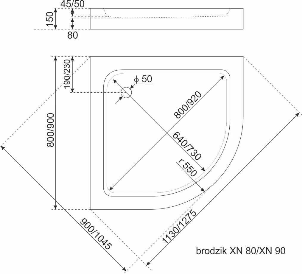 Cădiță de duș acrilică curbată XN 80 80x80 cm