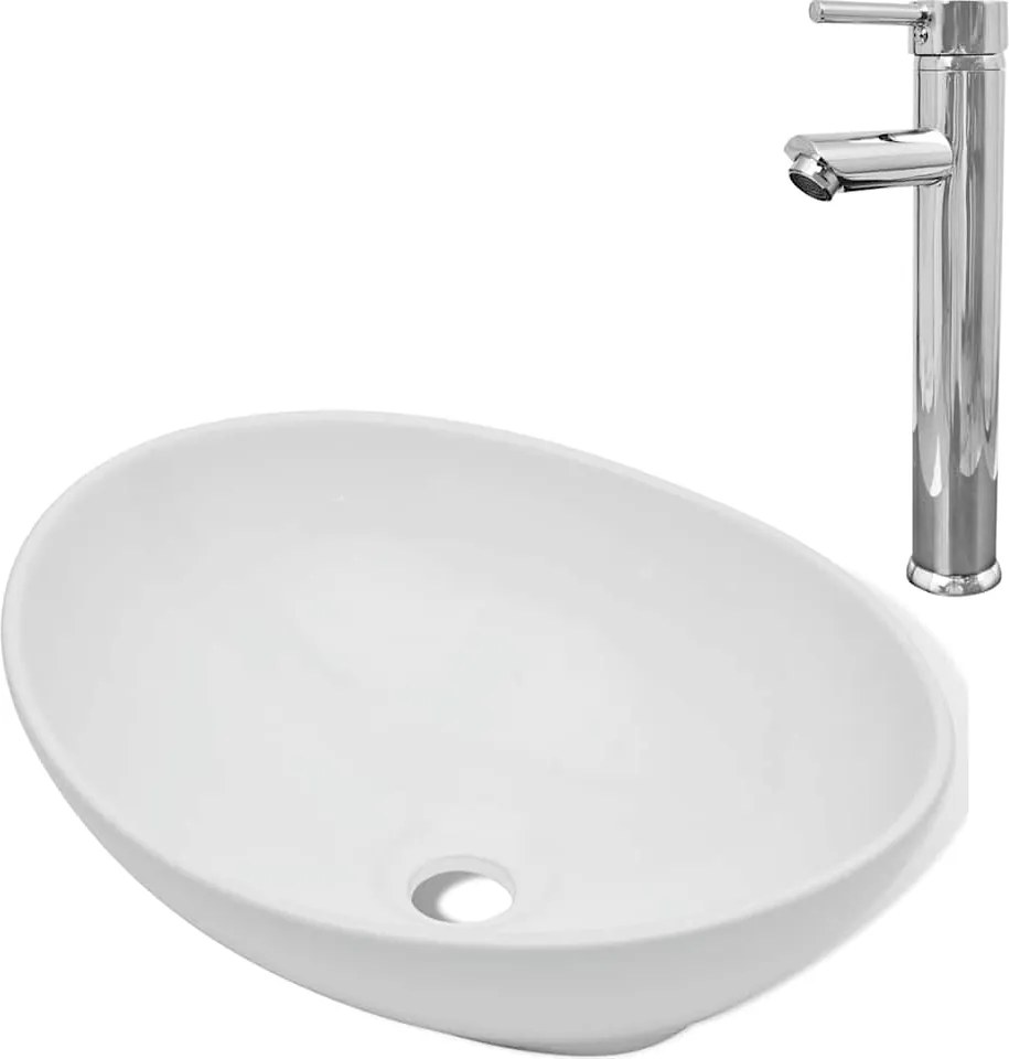 vidaXL Chiuvetă de baie cu robinet mixer, ceramică, oval, alb