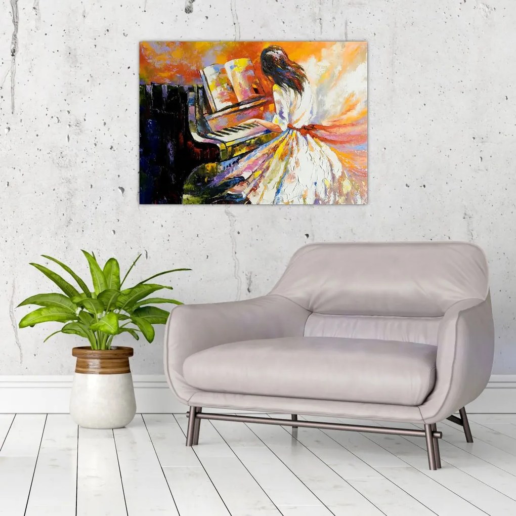 Tablou pe sticlă - Femeia cântând la pian (70x50 cm)