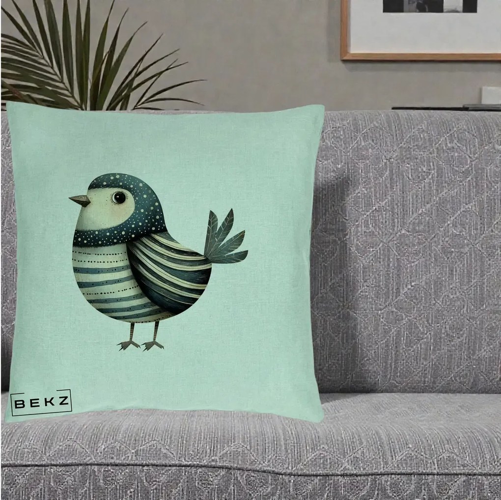 Perna Decorativa Pasare Teal Decorativa Dungata, 40x40 cm, Verde Menta, Husa Detasabila, Perna Inclusa, BEKZ®