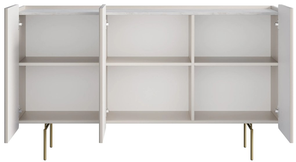 Comodă cu trei uși Malmi 150 cm - cashmere / crema bianca / picioare aurii