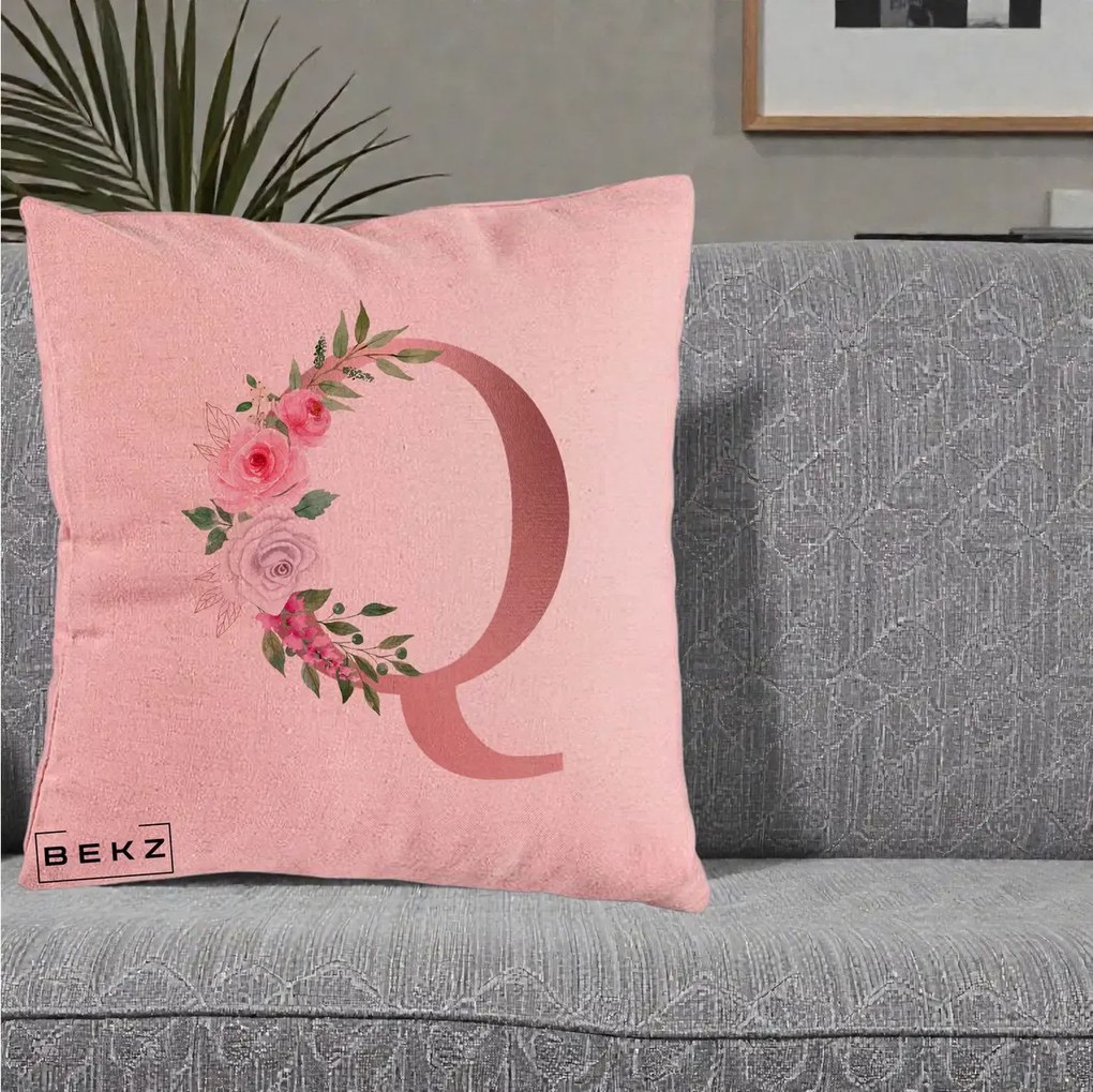 Cadou Personalizat - Perna Personalizata Monograma Rose Gold Litera Q, 40x40 cm, Roz, Husa Detasabila, Perna Inclusa, BEKZ®