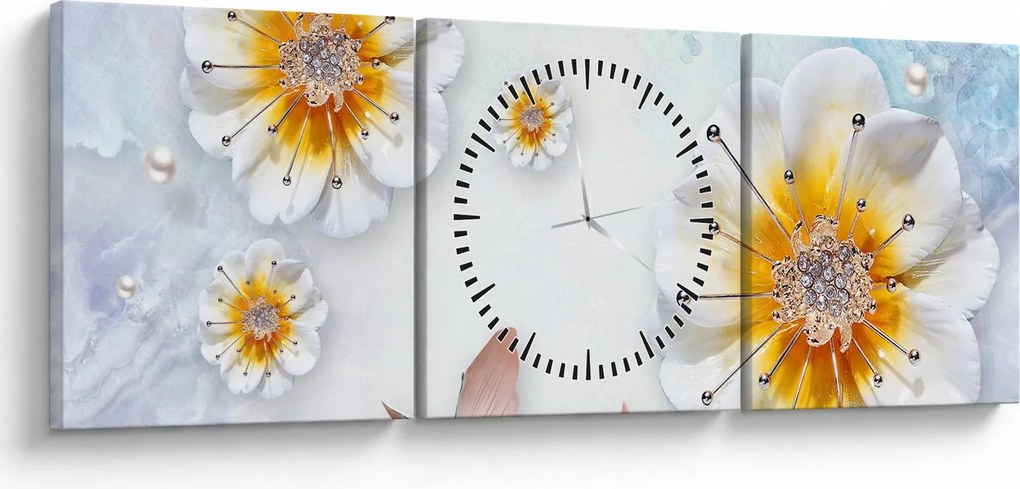 Tablou - Copoziția flori și fluturi (cu ceas) (90x30 cm)