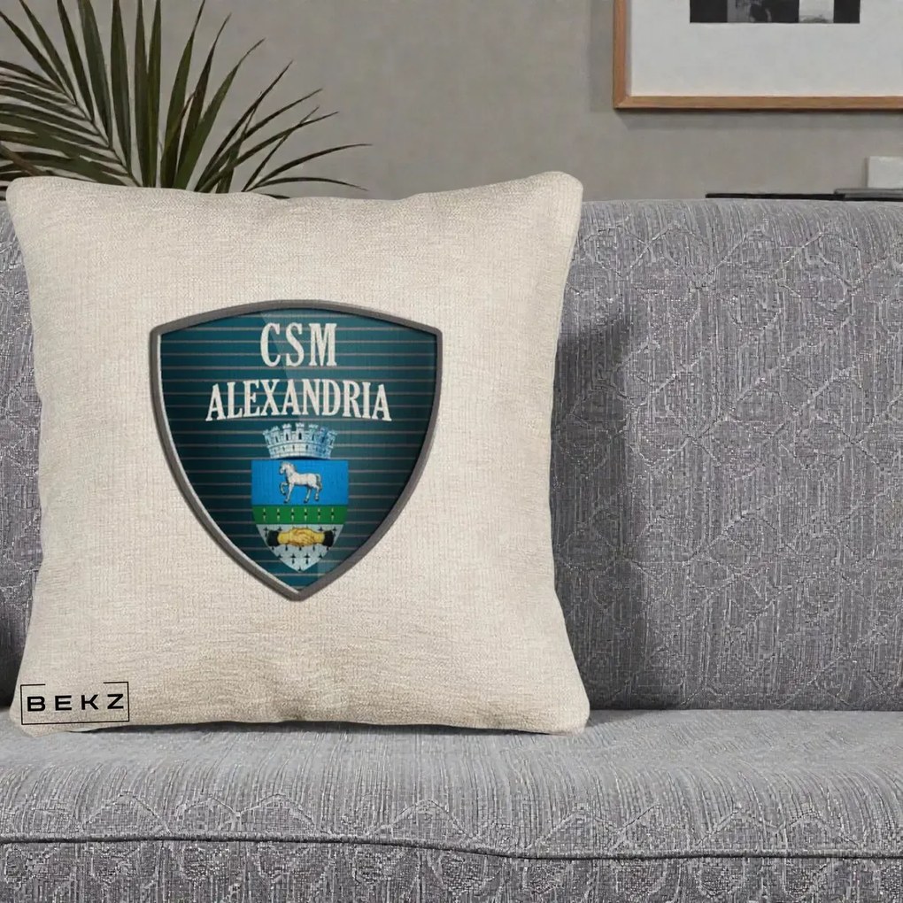 Perna Personalizata CSM Alexandria Fotbal, 40x40 cm, Bej Canapea, Husa Detasabila, Perna Inclusa, BEKZ®