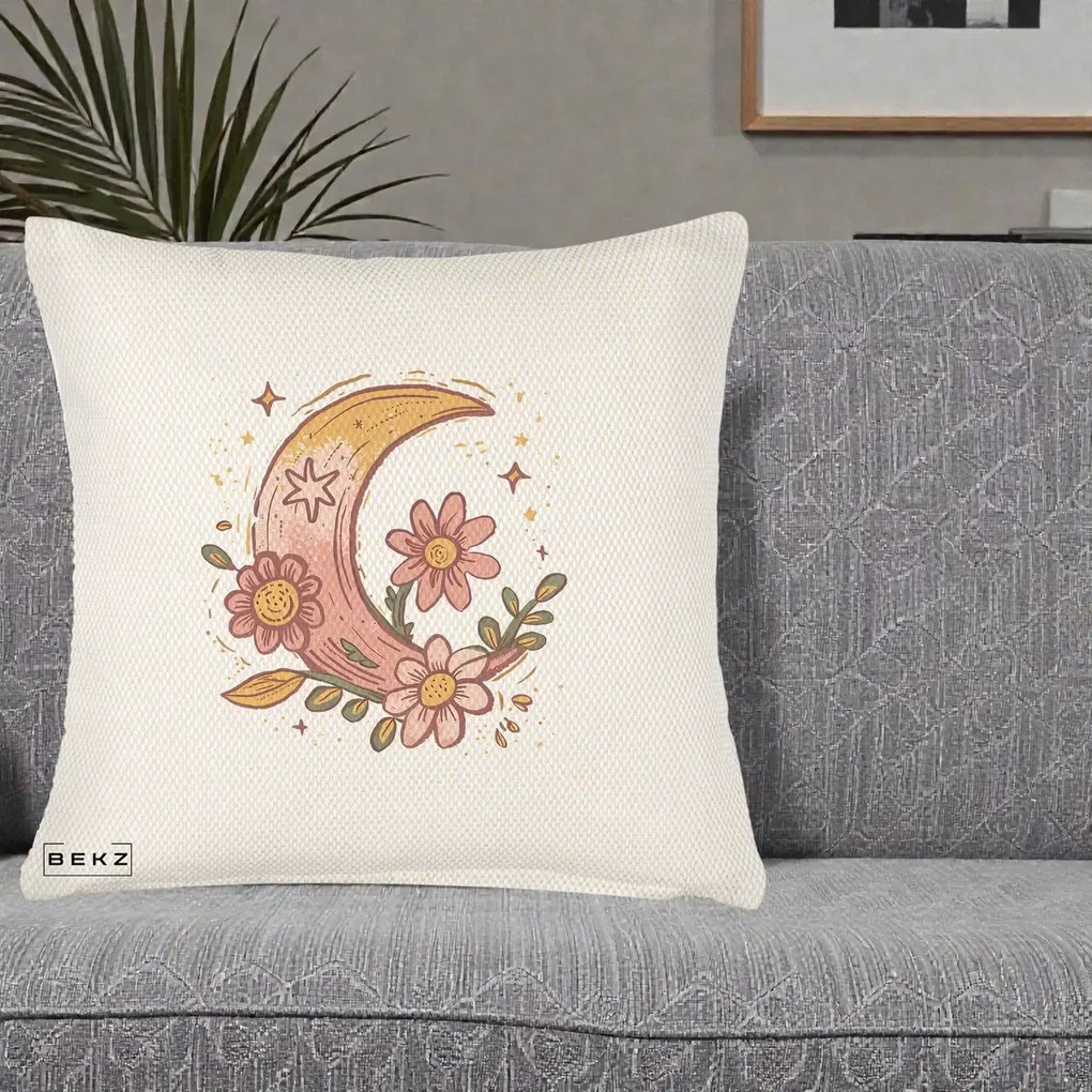 Perna Decorativa Luna Florala Boho, 40x40 cm, Crem Reliefat, Husa Detasabila, Perna Inclusa, BEKZ®
