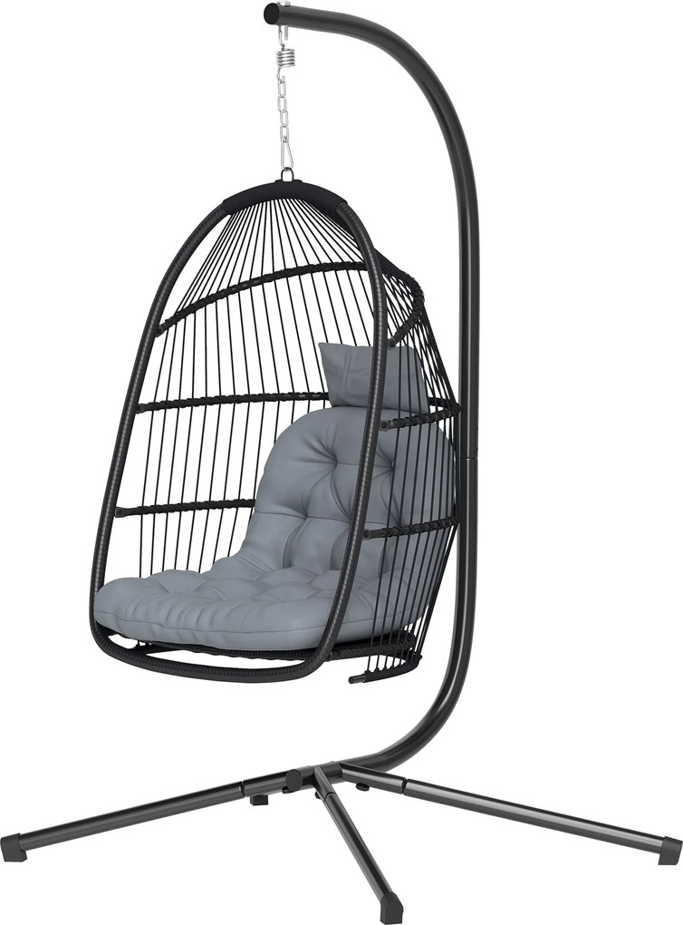 Outsunny Scaun Suspendat tip Ou cu Suport cu Coș Pliabil Pernă și Tetieră pentru Interior și Exterior Sarcină 150 kg Gri | Aosom Romania