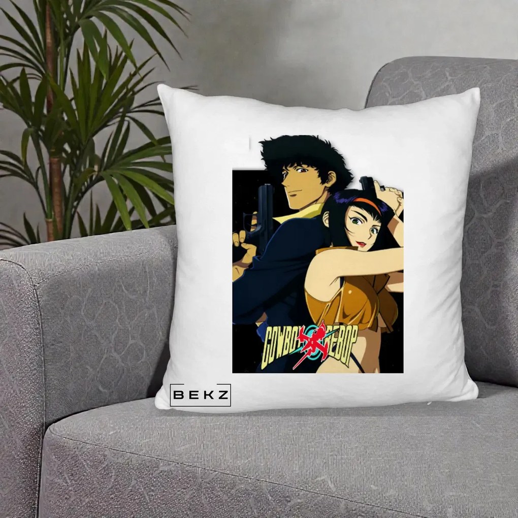 Perna Personalizata Cowboy Bebop Spike si Faye Poster, 40x40 cm, Alb Pufos, Husa Detasabila, Perna Inclusa, BEKZ®