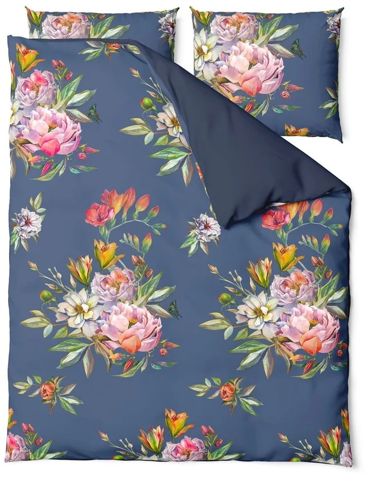 Lenjerie de pat din bumbac satinat pentru pat dublu Bonami Selection Floret, 160 x 200 cm, albastru marin