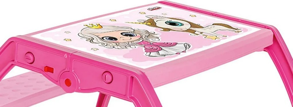 Masuta copii din plastic aditivat cu doua bancute Novokids™ Study Table, dimensiuni 95X78X49 cm, Suprafata lucioasa, Model Printesa cu Unicorn, Roz