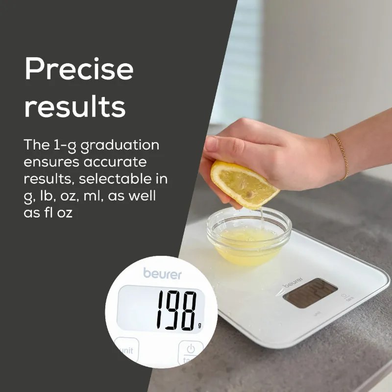 Cantar de bucatarie Beurer KS 19 Pure White, Pana la 5 kg, Functie TARA, Comanda tactila, Ecran LCD, Sticla, Ultra-subtire, Rosu