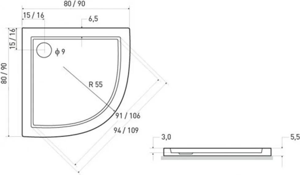 Cădiță de duș universală curbată ARON80 80x80x5,5 cm