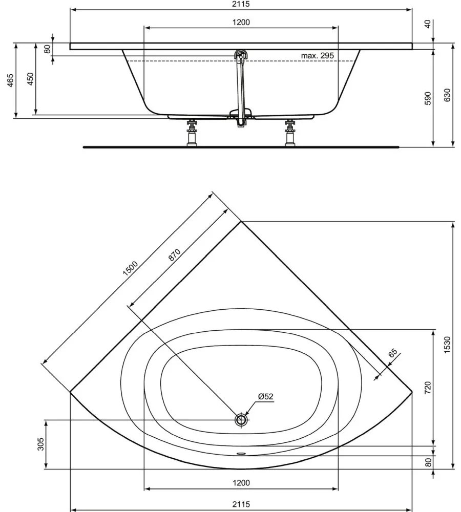 Cada baie pe colt Ideal Standard Hotline New, asimetrica, 150x150 cm