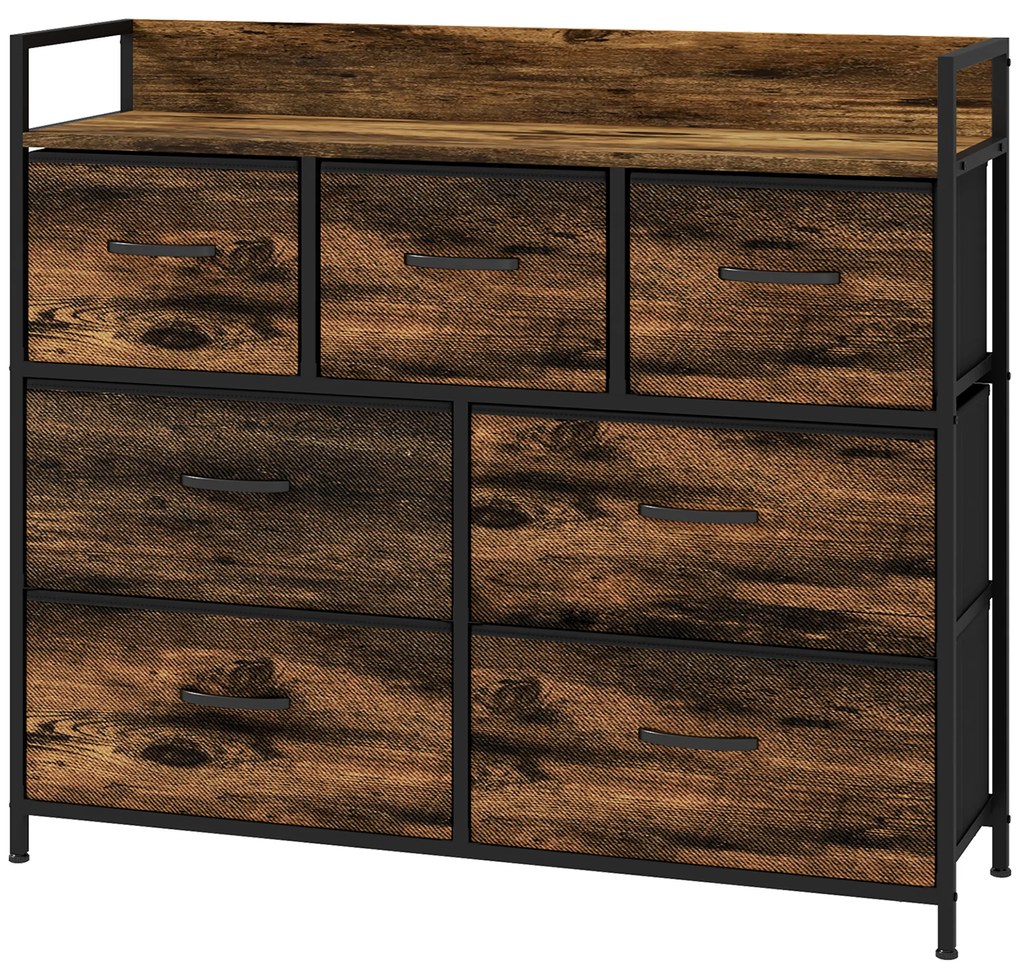 HOMCOM Dulap de Depozitare, Comodă cu 7 Sertare din Material Textil, Design Industrial, Structură din Oțel, 98x29x85cm, Maro/Negru | Aosom Romania