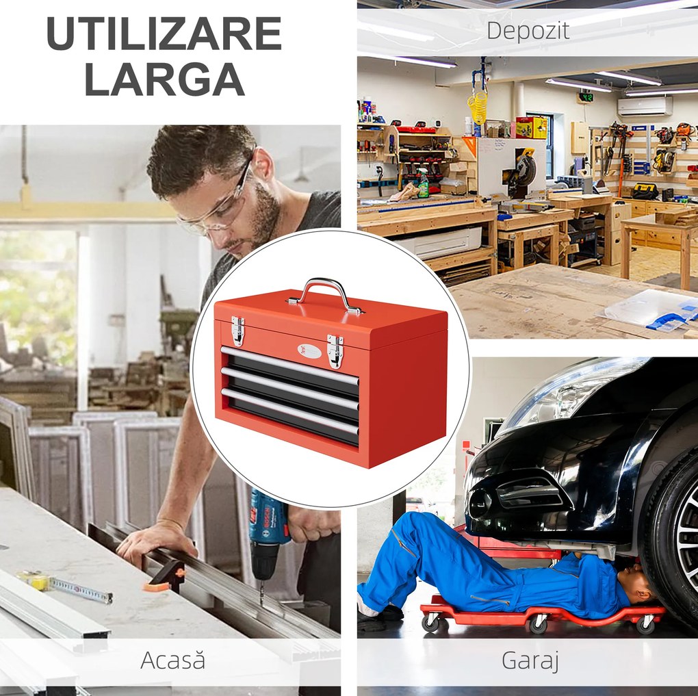 DURHAND Cutie Scule cu 3 Sertare, Inchidere Metalică, Glisiere Rulment, Roșu, pentru Garaj | Aosom Romania
