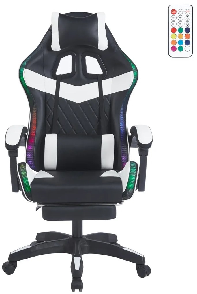 Scaun gaming, sistem iluminare bandă LED RGB, masaj în perna lombară, suport picioare, Negru/Alb