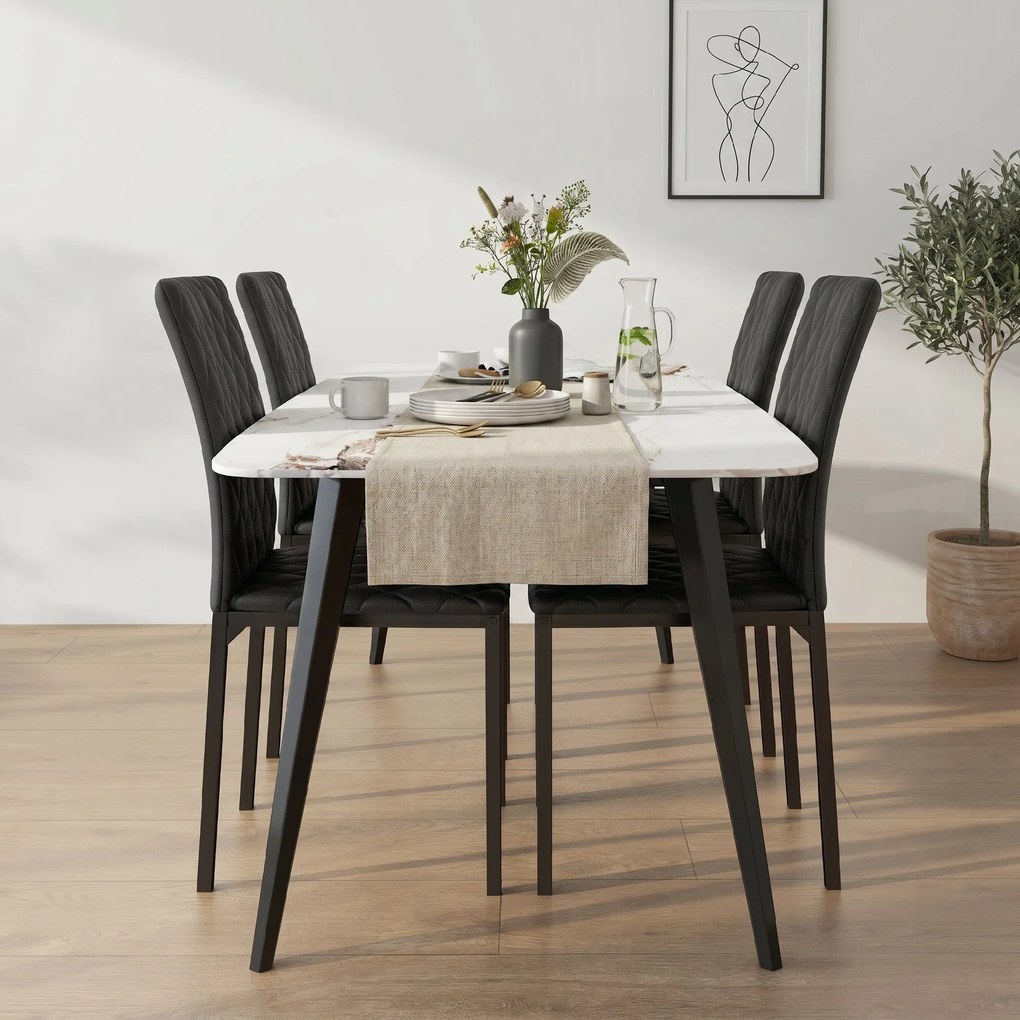 HOMCOM Set de 4 Scaune din Piele Ecologică cu Cusături Romboidale și Picioare din Oțel, 41x50x91 cm, Negru | Aosom Romania