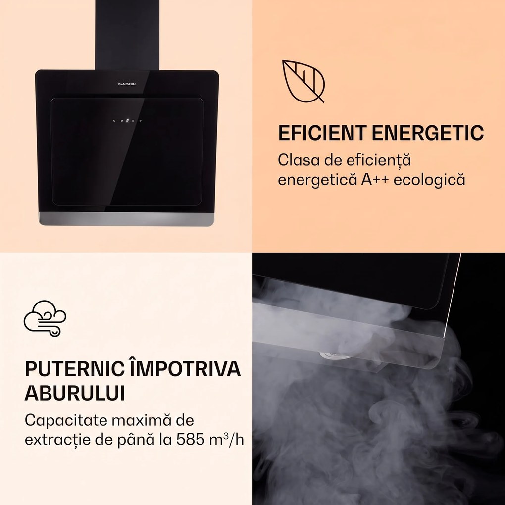 Klarstein Aurora 60 Smart, Hotă, 585 m³/h, 60 cm, hotă de coș de fum, lumină de fundal, clasa de eficiență energetică A++