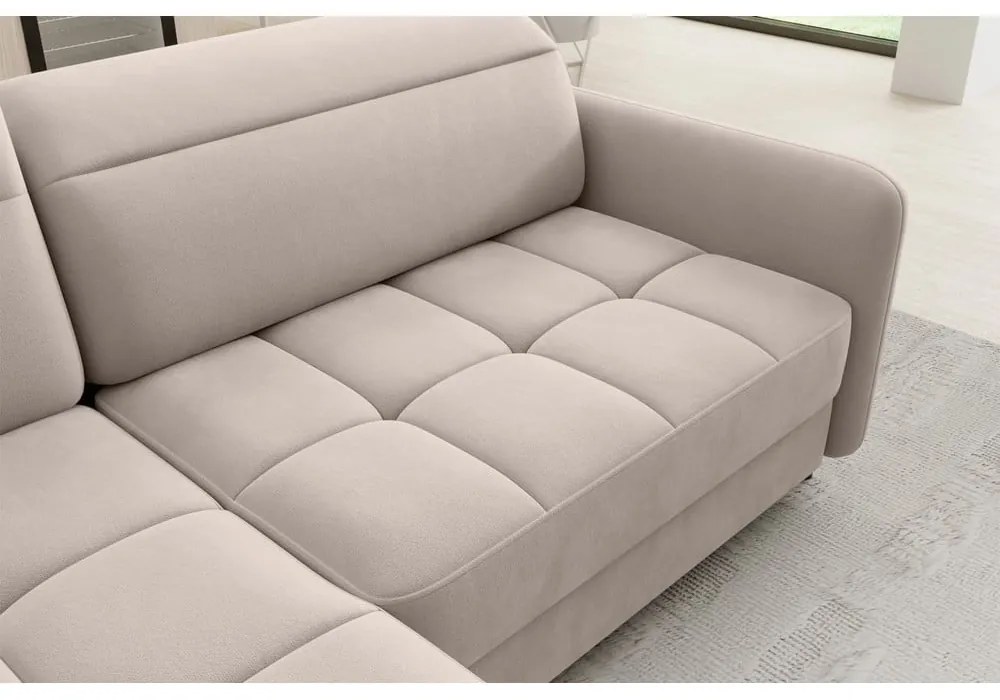 Colțar maro deschis extensibil/cu spațiu de depozitare cu tapițerie din catifea (cu colț pe partea stângă/în formă de ”L”) Barea – ELTAP