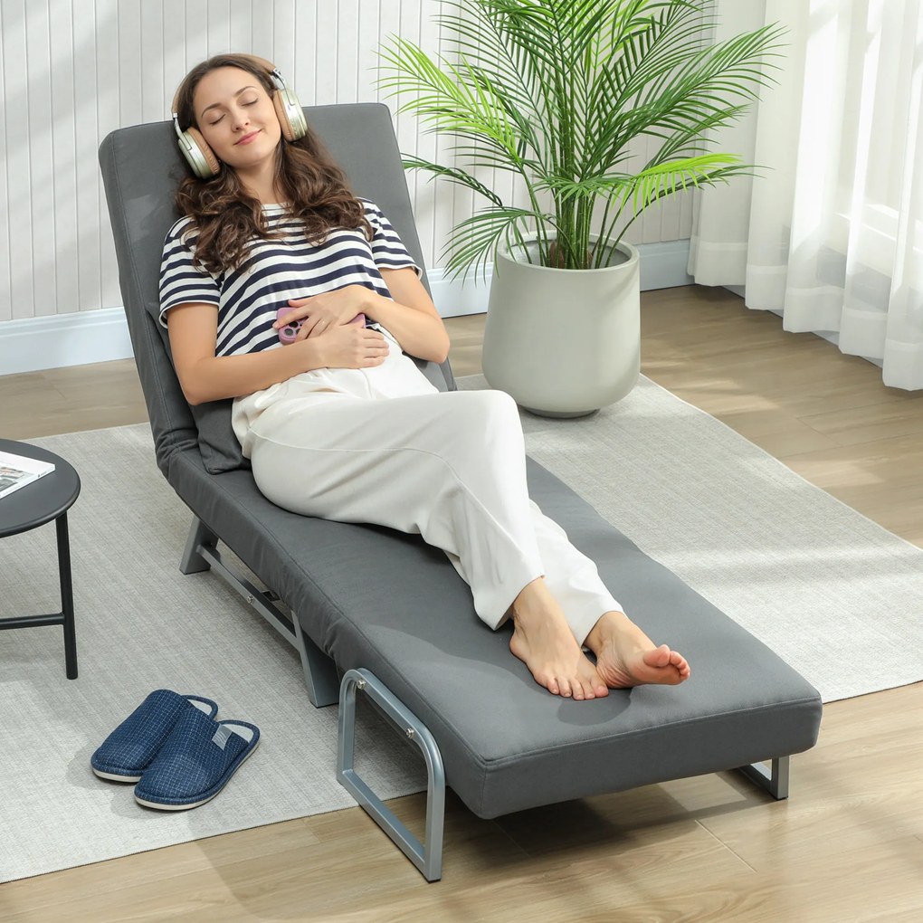 HOMCOM Fotoliu Pat 3 în 1 cu Spătar Reclinabil pe 5 Nivele, din Țesătură Efect de In, 73x78x81 cm, Gri Închis | Aosom Romania