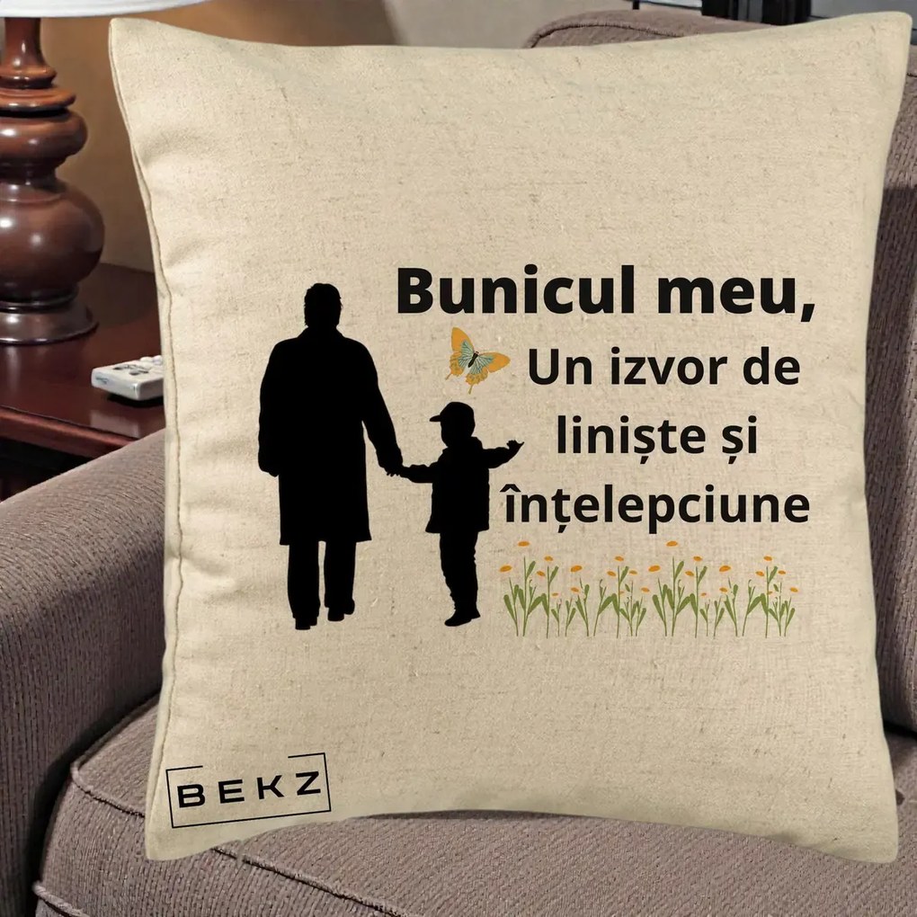 Cadou pentru Bunic - Perna Personalizata Bunicul Meu Izvor de Liniste cu Fluture si Baietel, 40x40 cm, Bej, Husa Detasabila, Perna Inclusa, BEKZ®