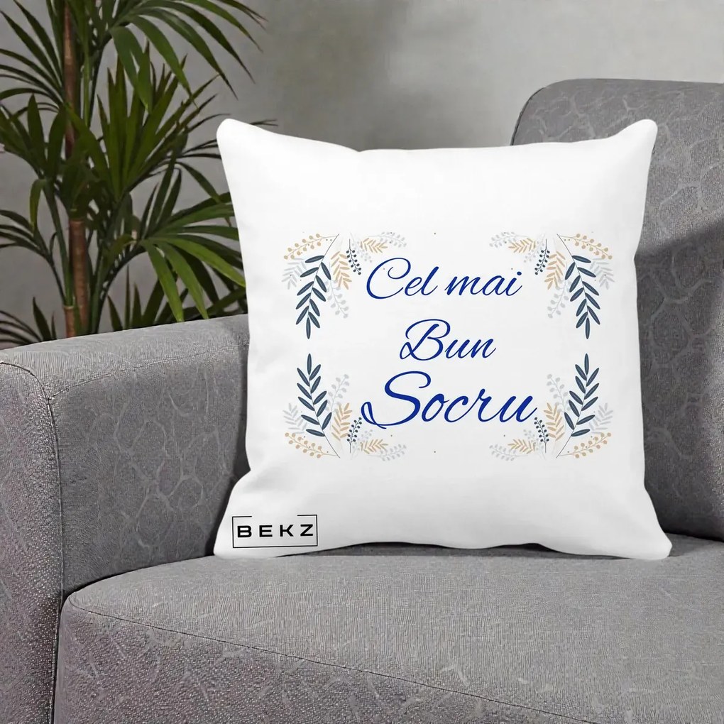Cadou pentru Socru - Perna Personalizata Cel mai Bun Socru cu Ramuri Frunze Albastre si Aurii, 40x40 cm, Alba Mata, Husa Detasabila, Perna Inclusa, BEKZ®
