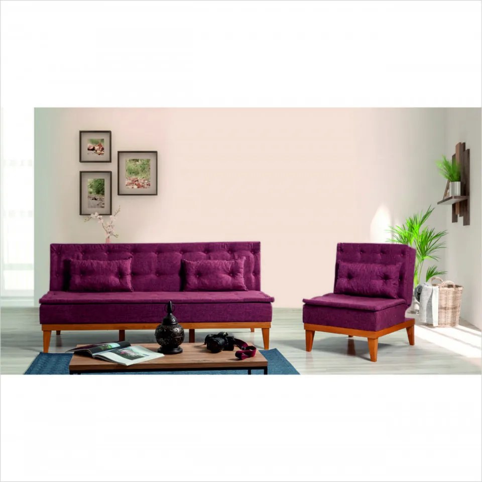Set Canapea si Fotoliu, Lemn Solid, Fuoco, 2 Piese, Rosu Bordo