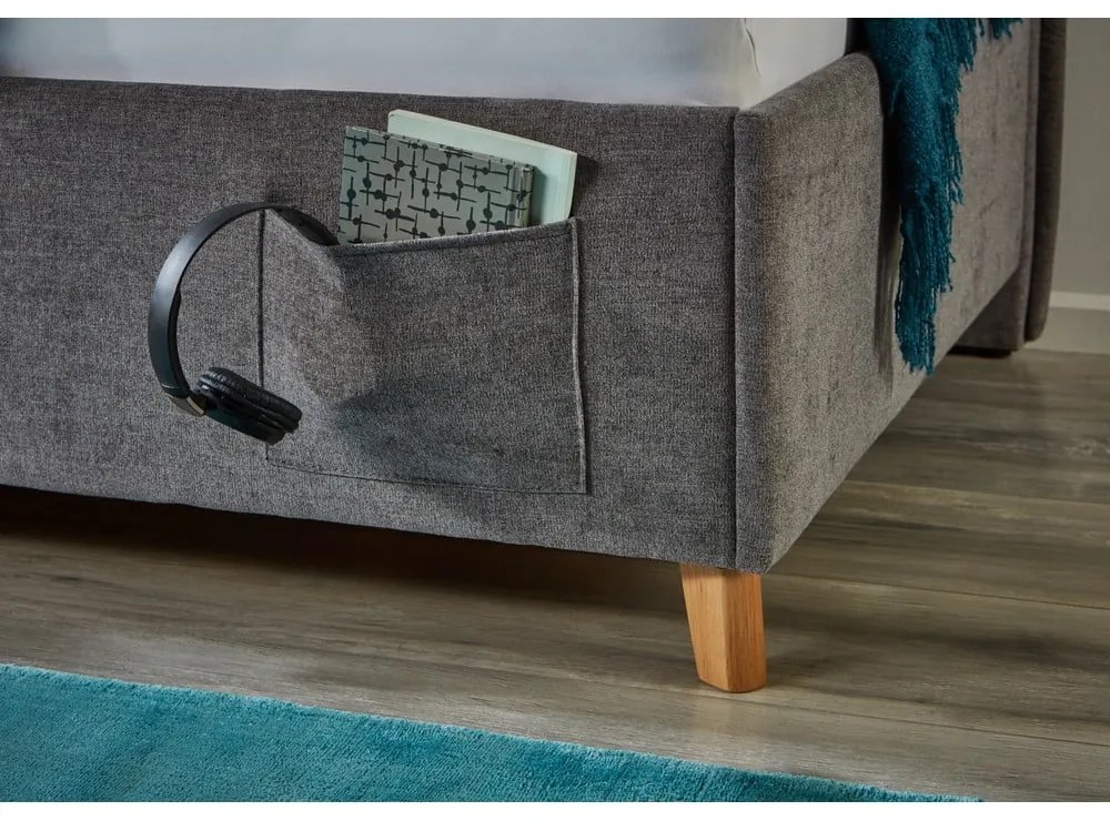 Pat pentru copii gri pe colț tapițat cu spațiu de depozitare cu somieră 140x200 cm Fun – Meise Möbel