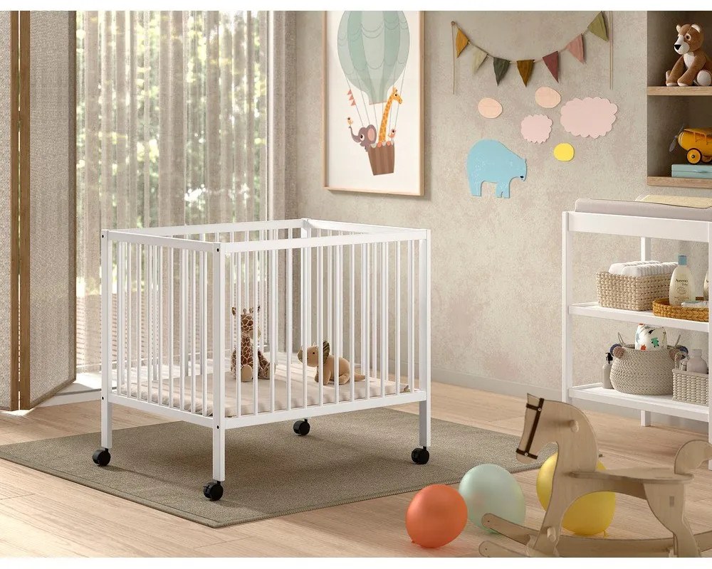 Țarc pentru copii alb din lemn de fag cu înălțime reglabilă/cu roți 95x75 cm Dino – Vipack