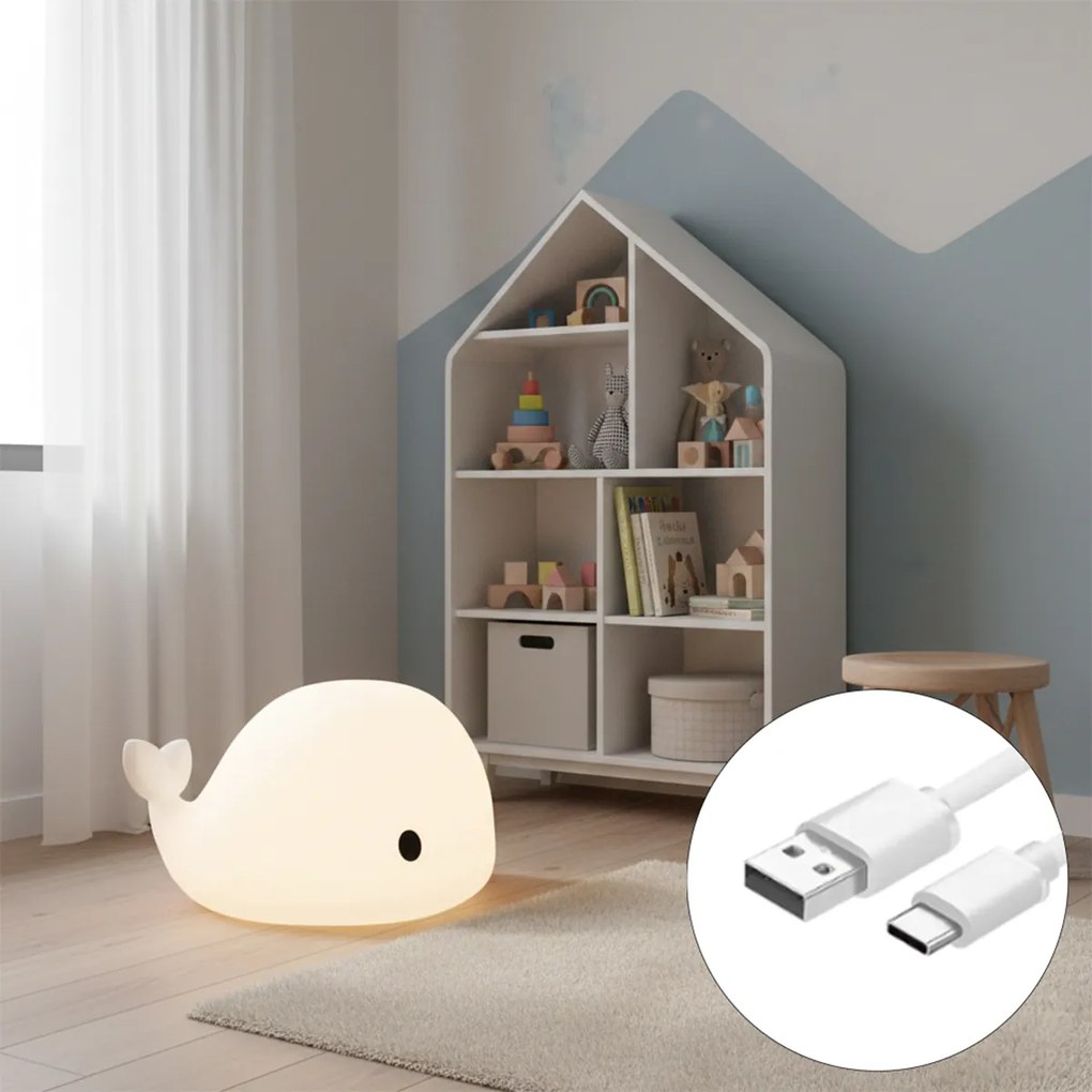 Lampă de masă albă 50 cm, cu LED, variabilă, IP54, reîncărcabilă - Baby Whale