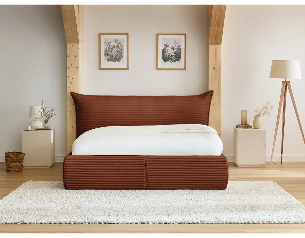 Pat matrimonial cărămiziu tapițat cu spațiu de depozitare cu somieră 160x200 cm Jade – Bobochic Paris