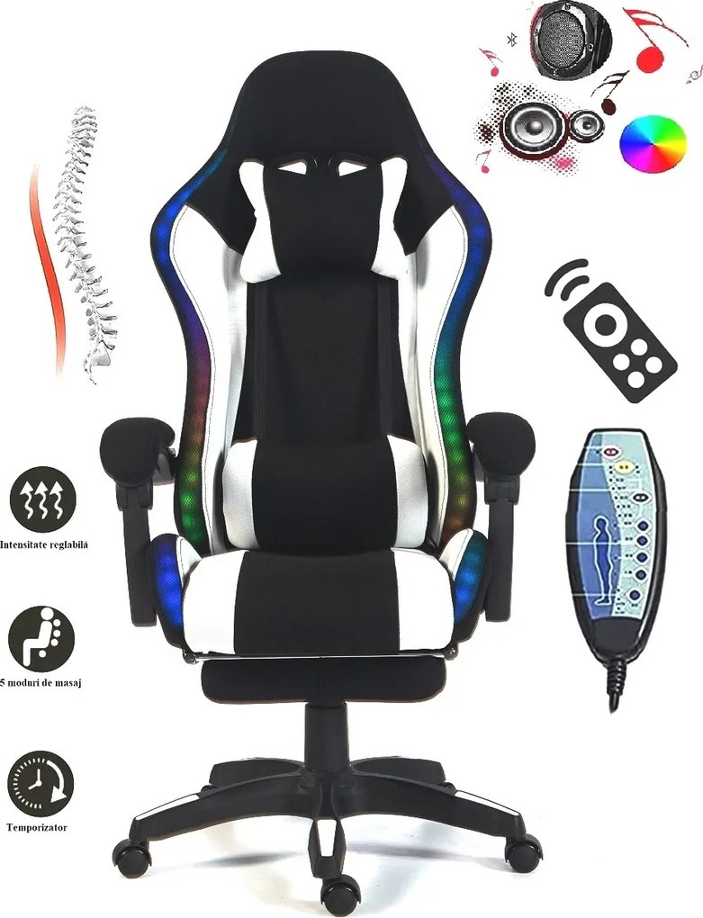 RESIGILAT- ALFORD Scaun gaming cu Masaj in 5 puncte, Perna lombara cu Masaj, Sistem iluminare banda LED RGB, Boxe Bluetooth, suport picioare, textil, Negru
