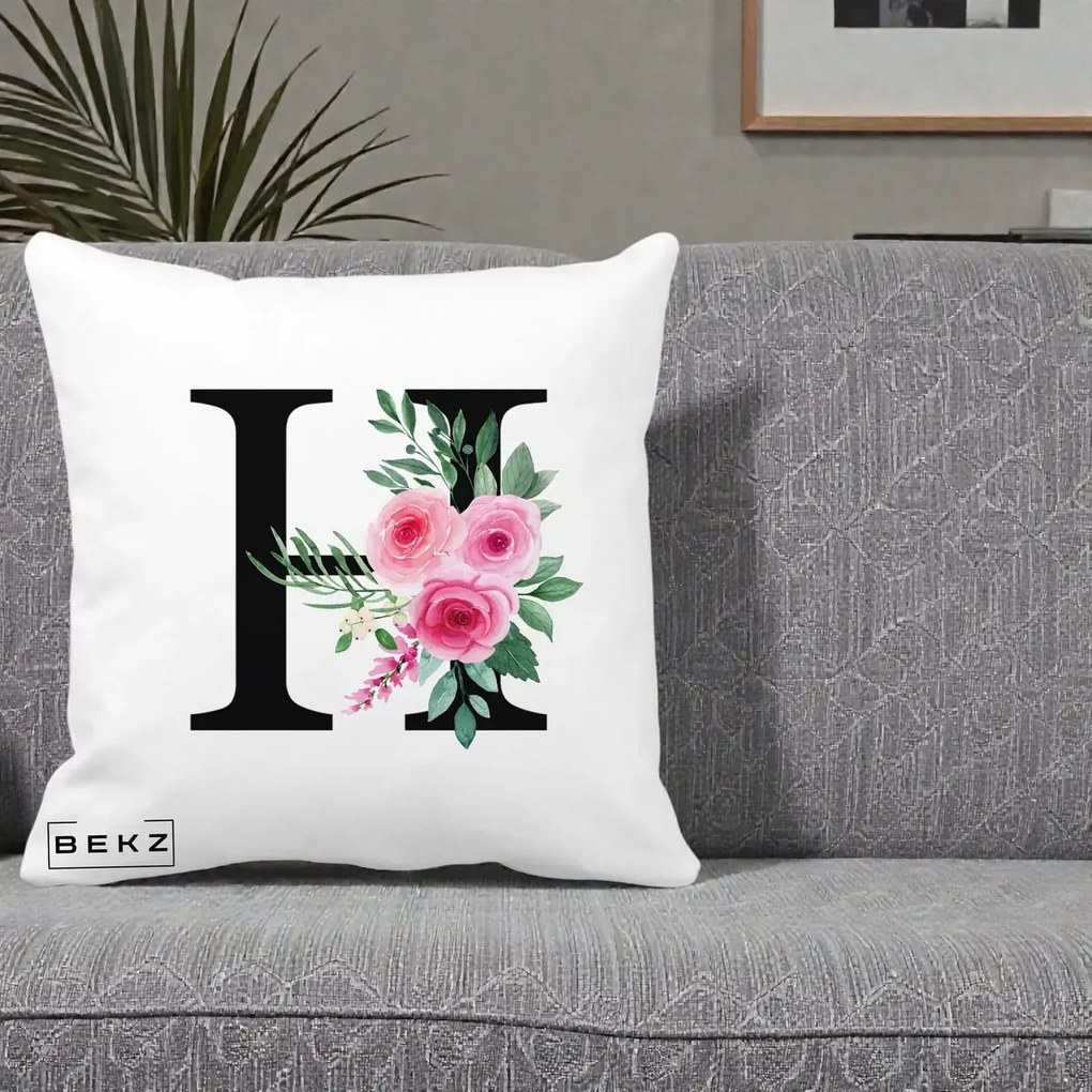 Cadou Personalizat - Perna Personalizata Monograma Florala Litera H cu Trandafiri Roz, 40x40 cm, Alba Mata, Husa Detasabila, Perna Inclusa, BEKZ®